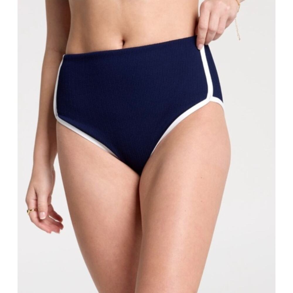 CALIA Navy Blue High Waisted Bikini Bottom Size M NWOT White Trim